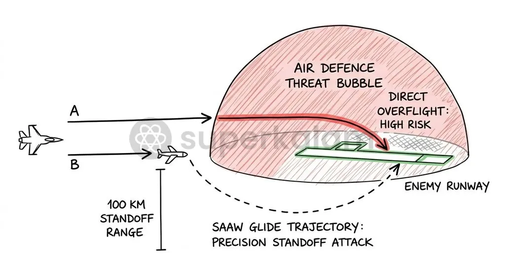 Standoff release enables strike fighters to target airfields from up to 100 km away, avoiding short-range air defence missile envelopes.