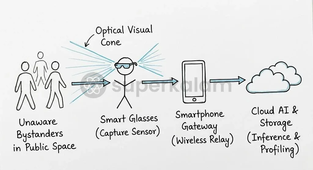 Data processing pipelines in wearable optics transmit ambient public recordings directly to foreign cloud servers for AI processing.