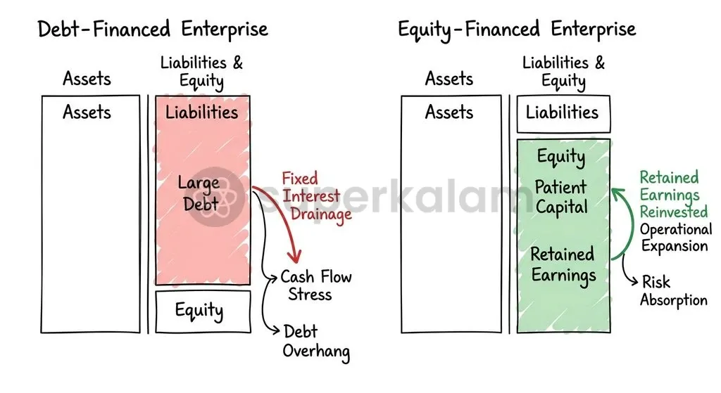 Unlike debt with fixed interest burdens, equity provides loss-absorbing risk capital that preserves operational liquidity during expansion.