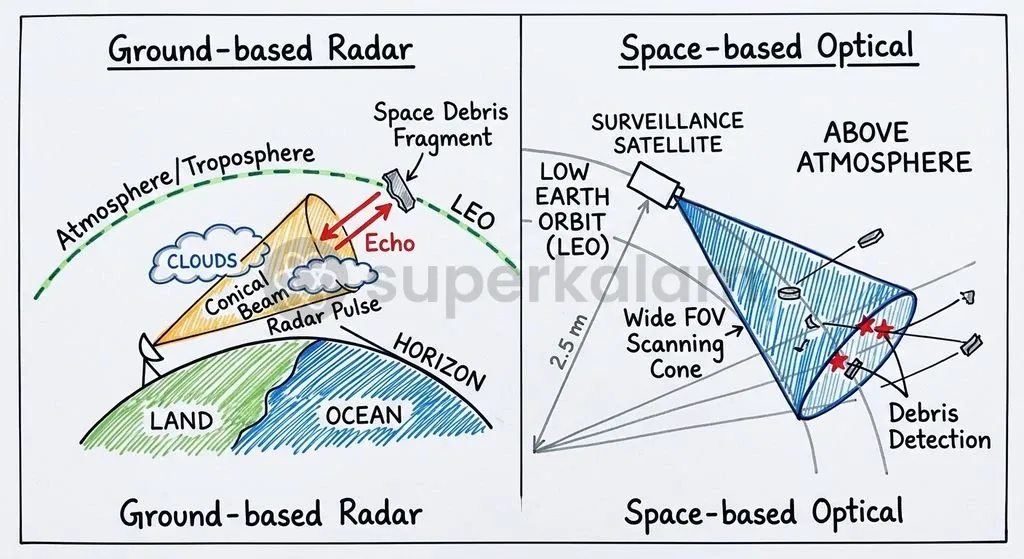 While terrestrial radars face atmospheric interference and geographic horizons, space-based optical sensors track orbital debris along clear orbital trajectories.