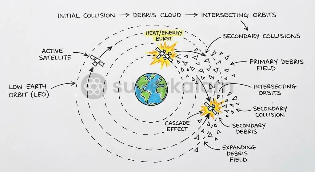 The Kessler Syndrome describes a runaway cascade where orbital collisions generate fragments that multiply subsequent collision hazards.