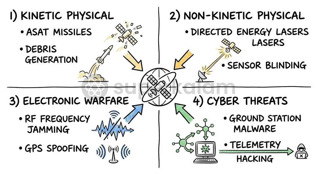 Counter-space capabilities range from reversible electronic and cyber disruptions to irreversible kinetic physical strikes in orbit.
