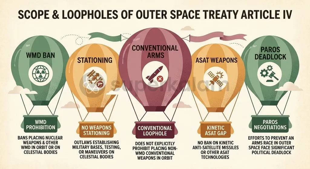 The 1967 Outer Space Treaty bans weapons of mass destruction in orbit but leaves conventional counter-space weapons largely unregulated.