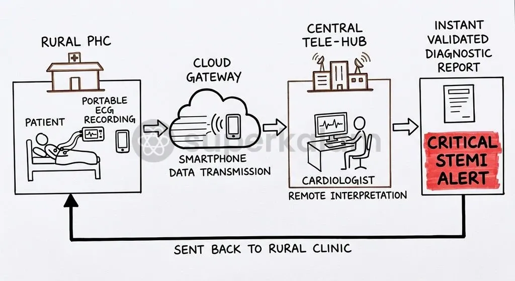 The four-stage digital cardiac triage pipeline connecting peripheral health centres to centralised cardiologist interpretation hubs.