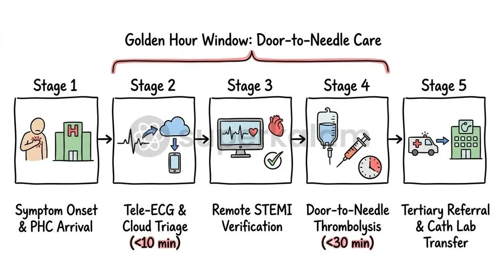 Integrating rapid tele-ECG detection with immediate loading doses and ambulance dispatch secures the therapeutic window during acute myocardial infarction.