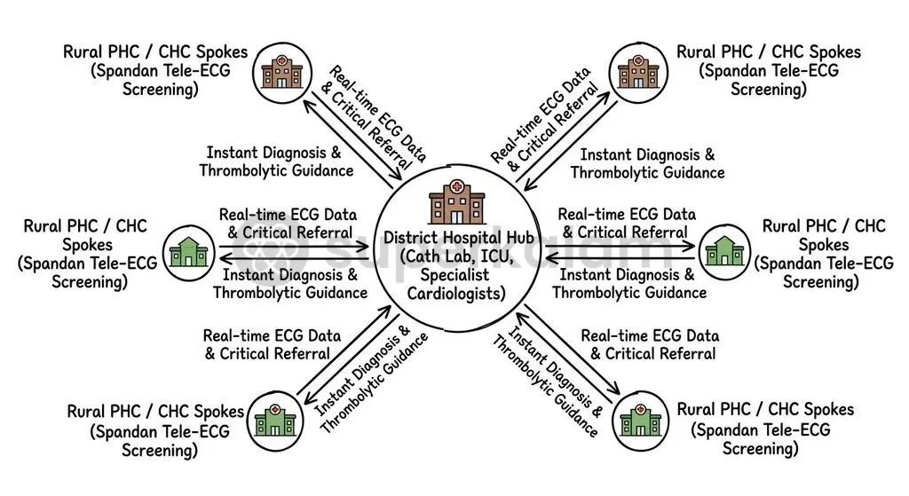 A resilient rural cardiac care network requires integrating peripheral digital screening spokes with equipped tertiary catheterisation hubs.