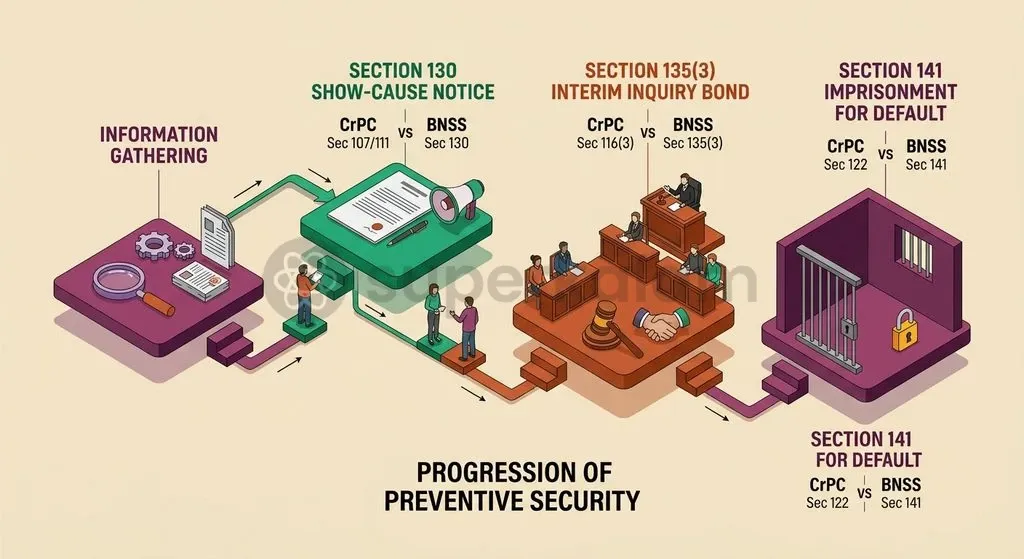The preventive powers architecture transitions from CrPC to BNSS while maintaining broad executive discretion.