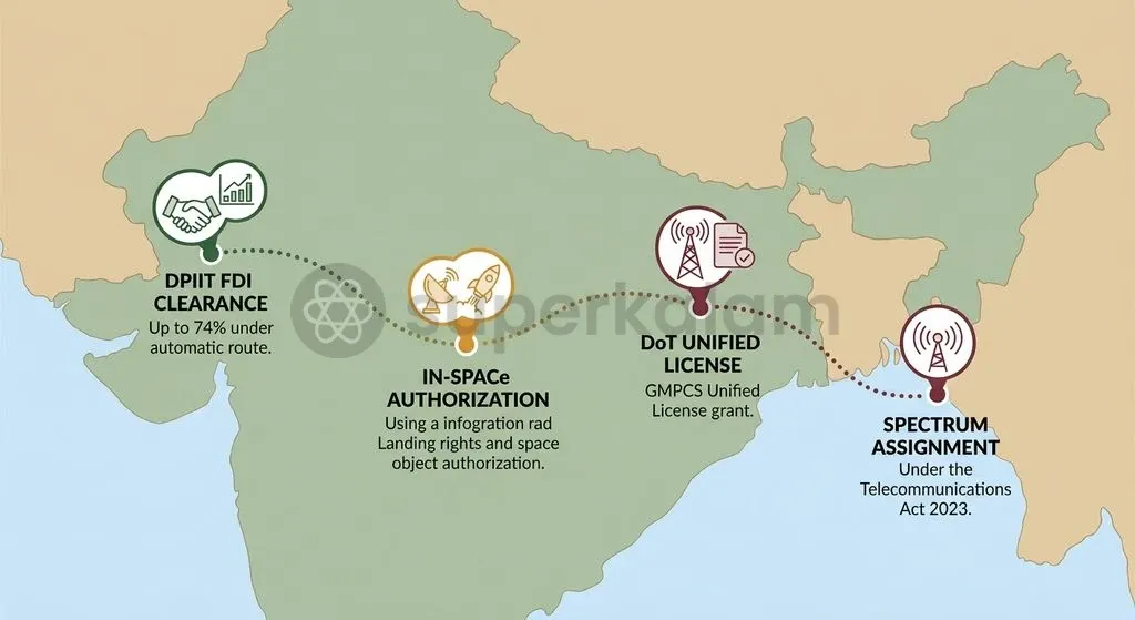 Operating satellite broadband in India requires inter-agency clearances spanning FDI limits, IN-SPACe space authorization, and DoT licensing.