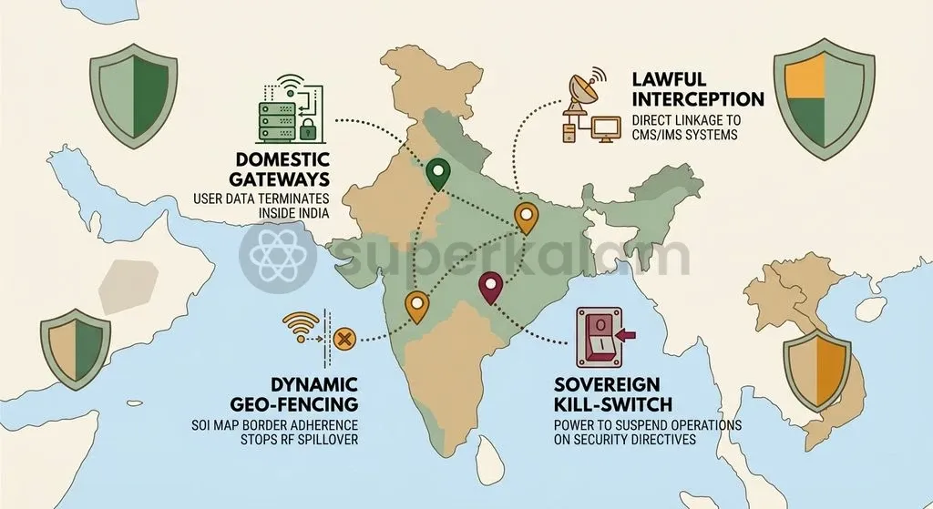 Stringent security guidelines mandate domestic ground station gateways, real-time geo-fencing, and integration with India's Centralized Monitoring System.
