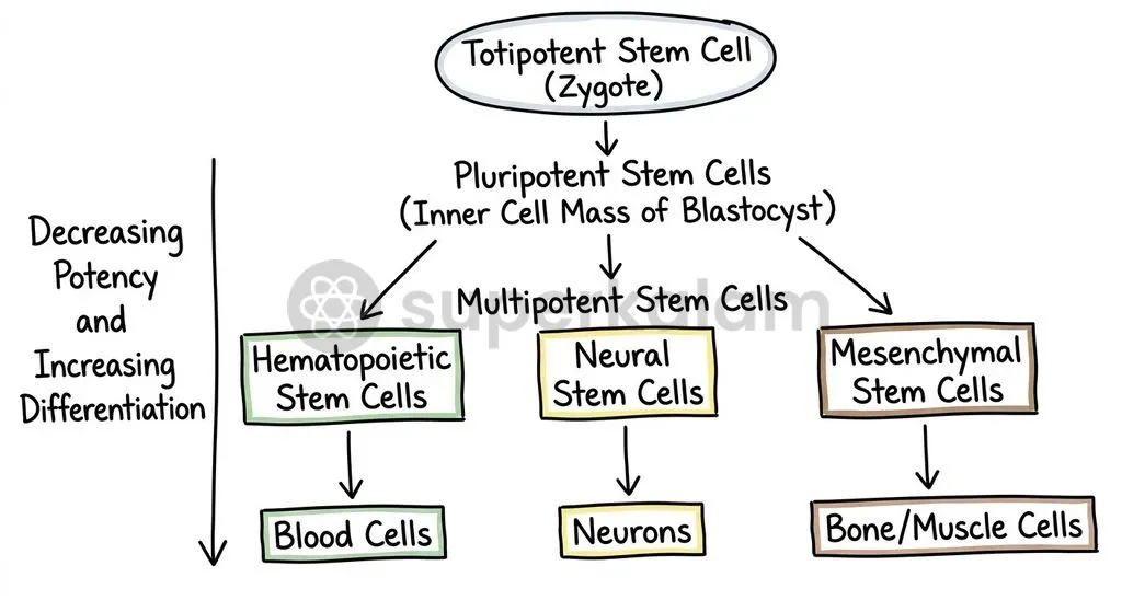 Stem cells vary by biological potency, with only adult haematopoietic stem cells approved for routine transplantation in India.