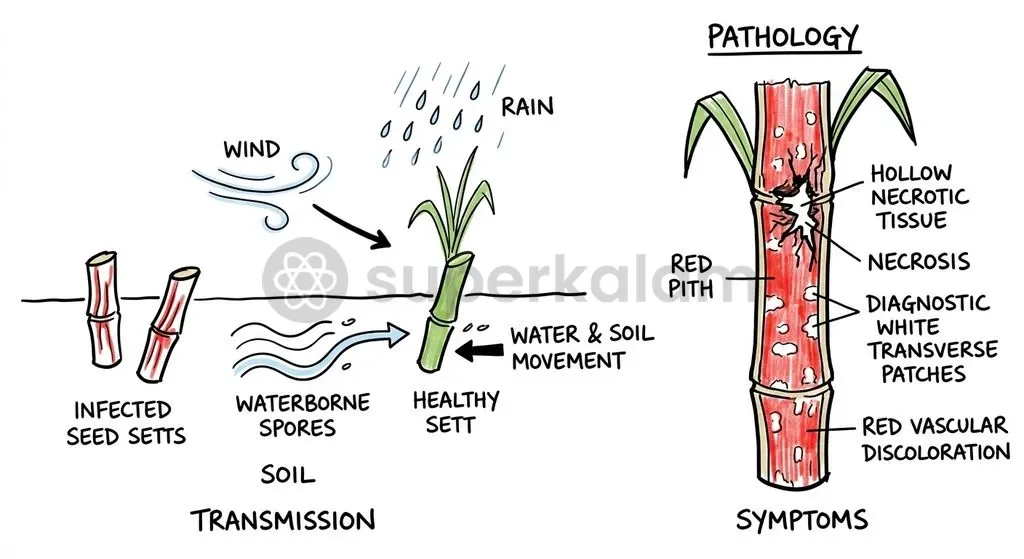 Primary transmission through infected setts and secondary spread via water flow drives rapid red rot infection in cane stalks.