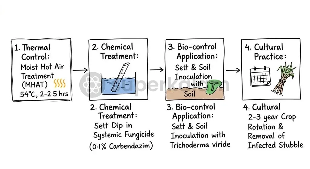 Sustainable red rot management integrates hot-air sett treatment, biological Trichoderma application, and strict crop rotation.