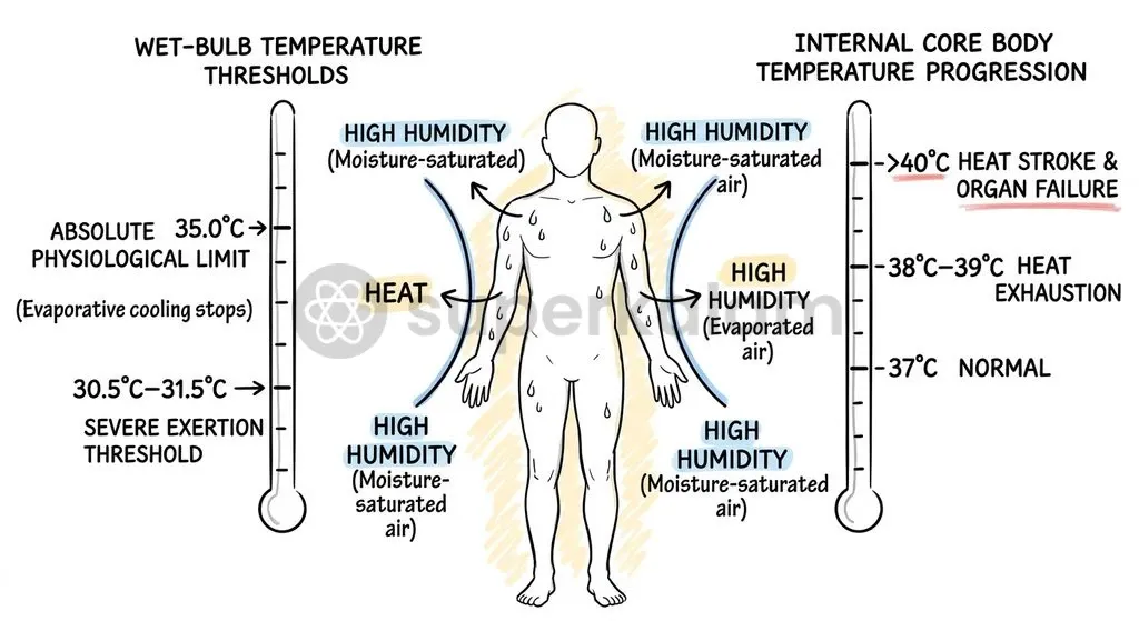 Wet-bulb temperatures above 30.5°C impair sweat evaporation, leading to dangerous core body heating and systemic organ stress.