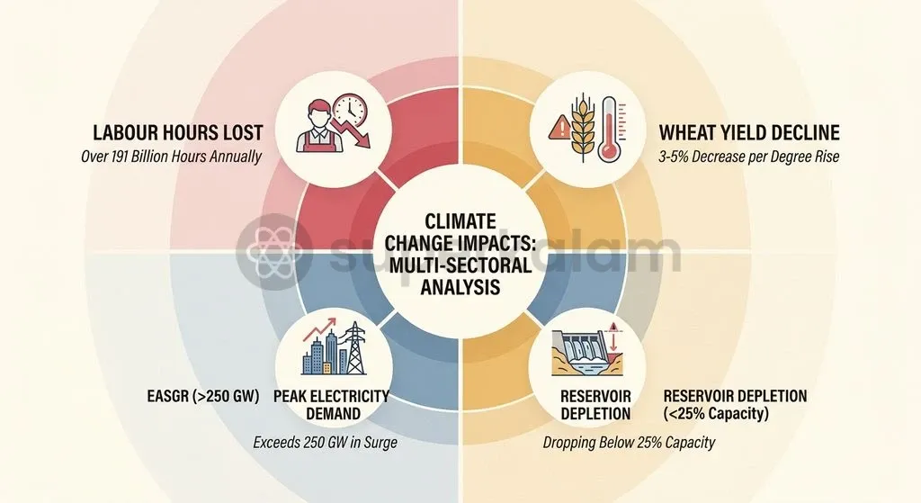 Extreme heat cascades through the real economy, impairing wheat yields, exhausting reservoir capacity, and driving grid peak demand above 250 GW.