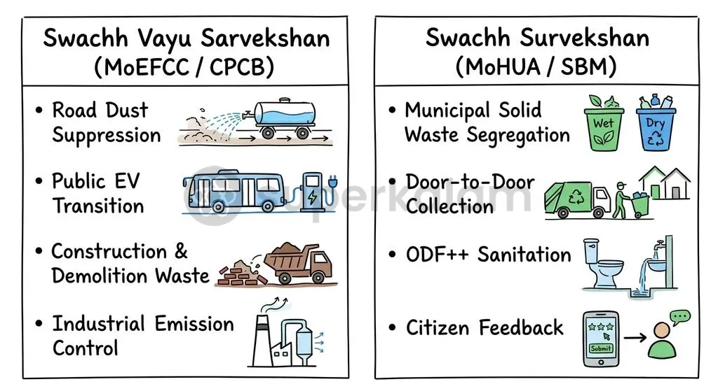 Swachh Vayu Sarvekshan evaluates specific source-control mechanisms across road dust, vehicular emissions, and waste processing.