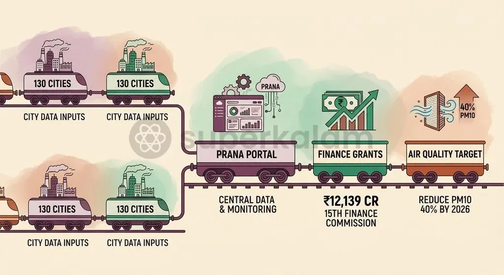 The PRANA dashboard tracks physical targets and 15th Finance Commission air quality grants across 130 non-attainment cities.