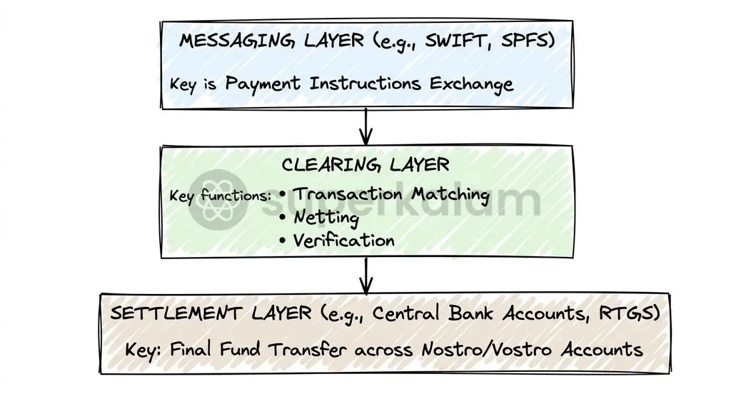 Cross-border financial transactions require distinct functional layers for message transmission, interbank clearing, and central bank settlement.