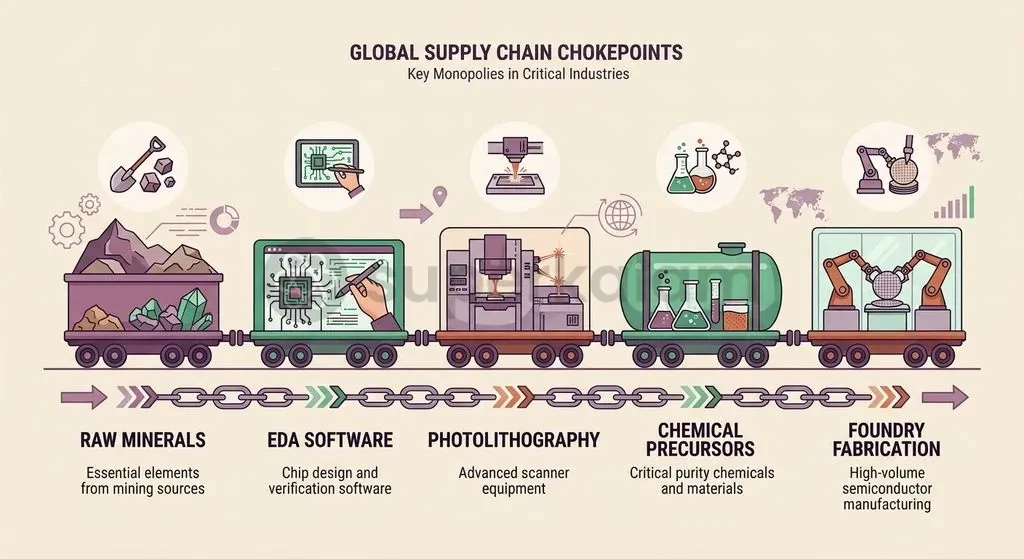 Global semiconductor fabrication relies on hyper-concentrated nodes spanning specialised equipment, chemicals, and design software.