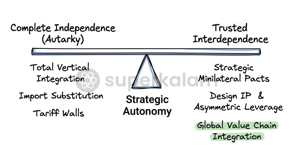 Modern strategic autonomy shifts industrial strategy from closed import substitution to open-standard leverage and reciprocal partnerships.