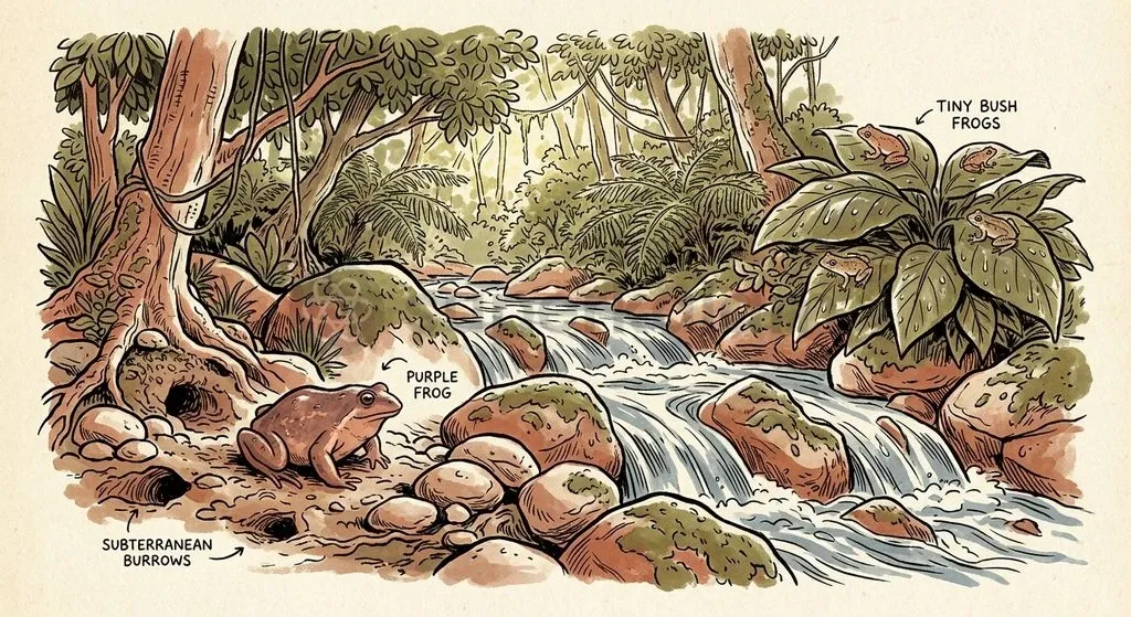 Microclimate specialists like the endangered Purple Frog and direct-developing bush frogs inhabit narrow ecological niches in India's Western Ghats.