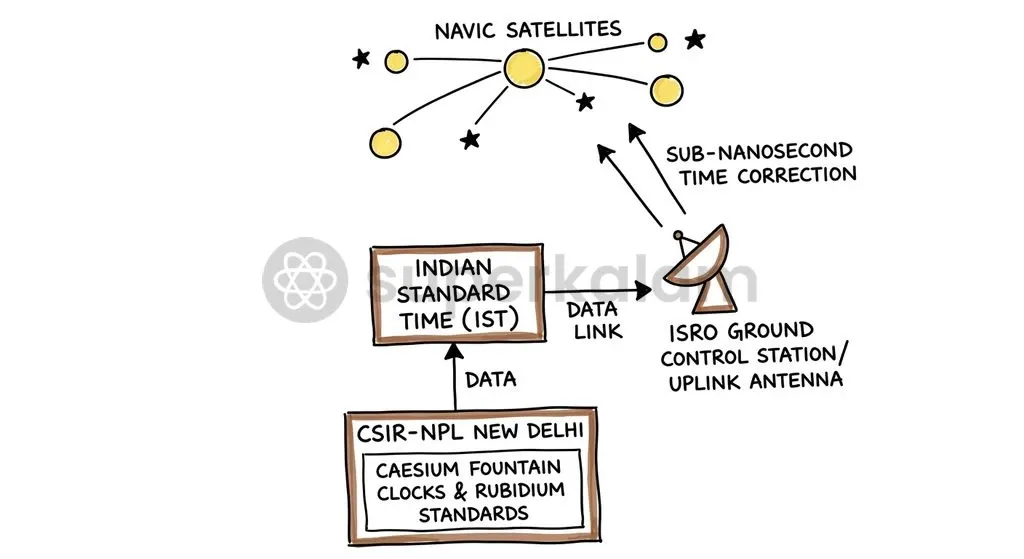 India's timekeeping framework links ground-based primary atomic fountains at CSIR-NPL with space-qualified clocks onboard NavIC satellites.