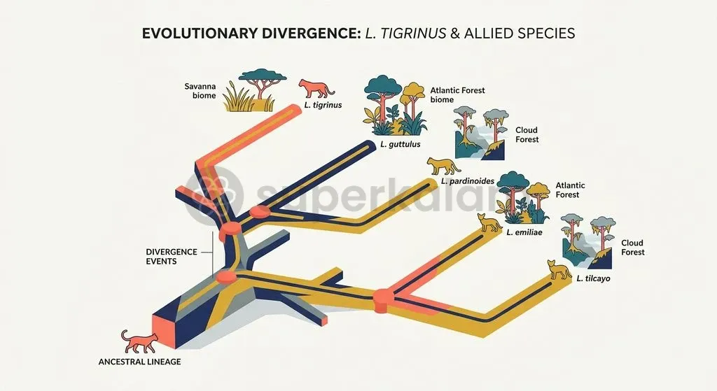 The transition from an aggregated species complex to five distinct felids spanning specialized ecological biomes.