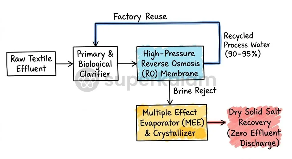 Tiruppur's Zero Liquid Discharge framework recycles over 100 million litres of water daily through multi-stage membrane filtration and evaporation.