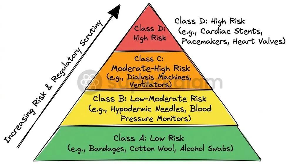 The Medical Devices Rules, 2017 categorise medical hardware into four distinct risk-based regulatory tiers.
