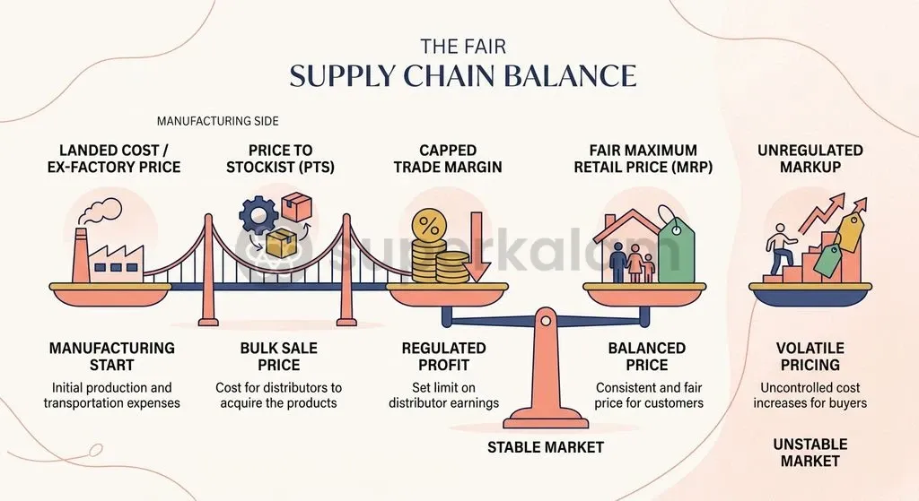 Trade Margin Rationalisation caps the distribution markup at the first point of sale to prevent arbitrary hospital price inflation.