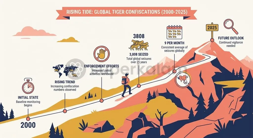 Longitudinal data from TRAFFIC highlights an accelerating trend in whole-body tiger seizures across major range states.