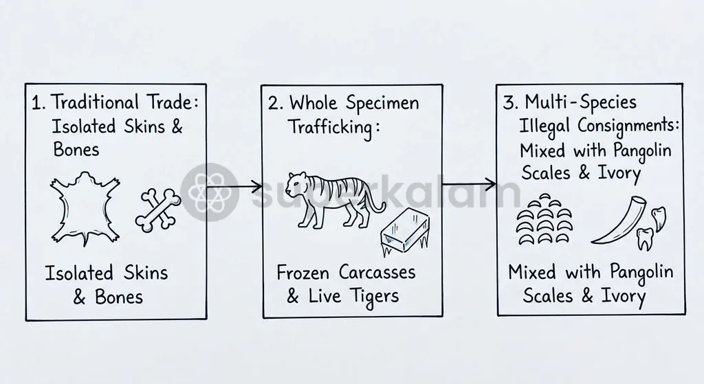 Trafficking syndicates have increasingly transitioned to moving whole carcasses, live cubs, and mixed-species consignments.