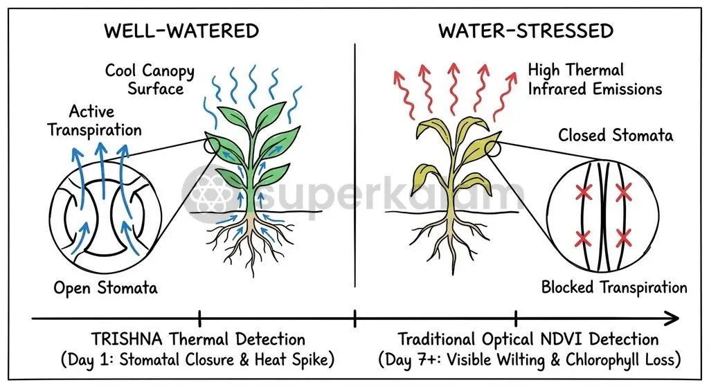 Stomatal closure stops transpiration and drives up canopy temperatures, enabling thermal detection days before optical wilting appears.