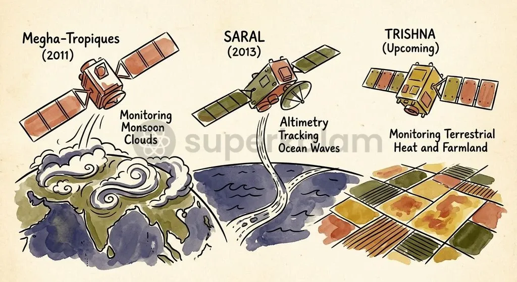 Indo-French space cooperation has evolved through joint Earth observation missions focused on tropical climate dynamics, oceans, and land surface heat.