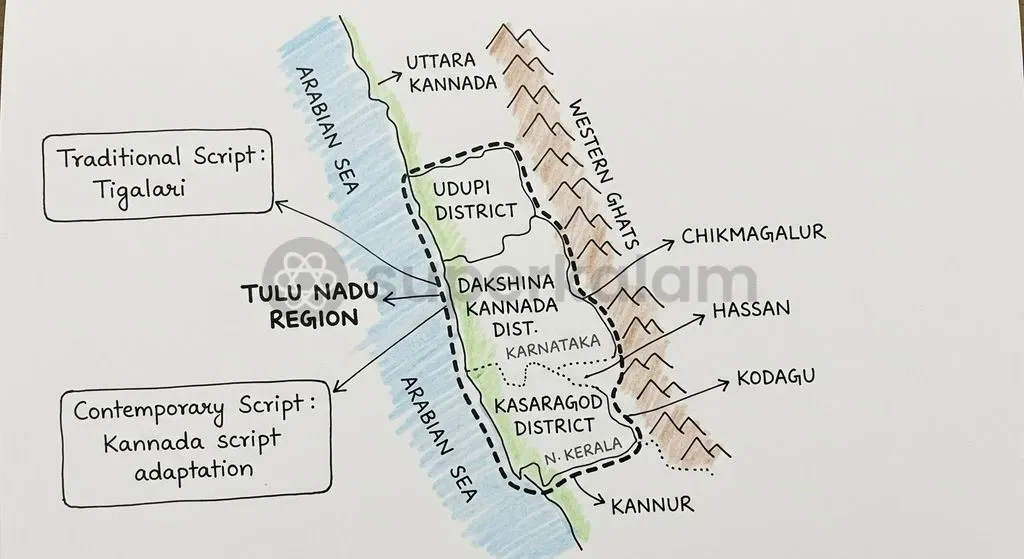 The traditional Tulu Nadu belt spans coastal districts of Karnataka and northern Kerala, forming a distinct linguistic zone.