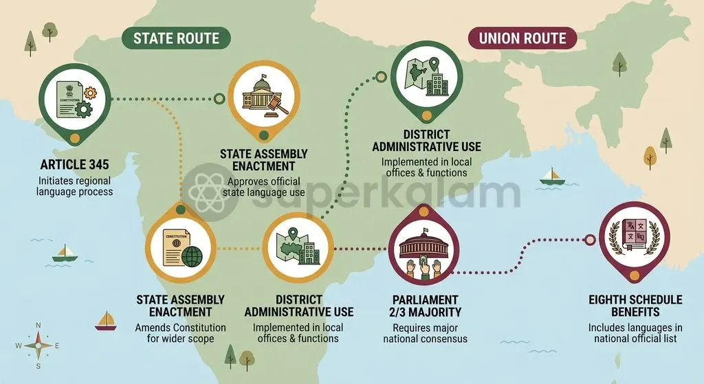 State official status operates under state legislative competence, while Eighth Schedule inclusion demands parliamentary constitutional amendment.