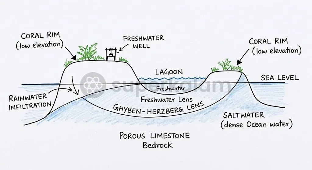 The geological cross-section of a coral atoll illustrates how thin land layers and floating freshwater lenses are vulnerable to marine intrusion.