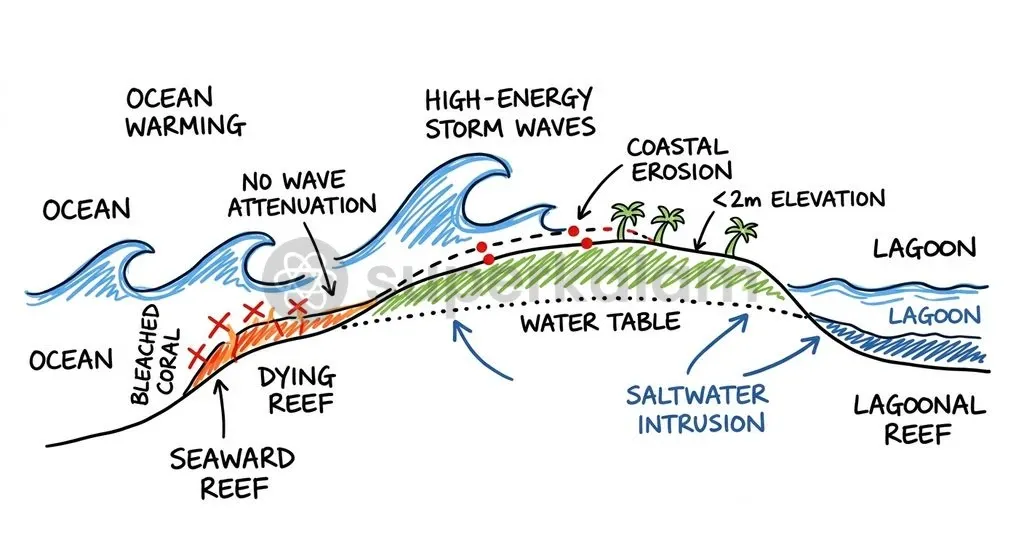 Marine heatwaves break down coral reefs that normally absorb up to 97 percent of incoming wave energy, amplifying storm surges.