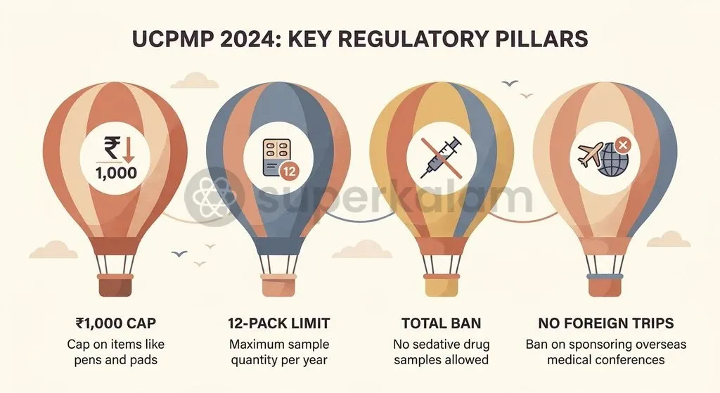 Key restrictions under UCPMP 2024 establish strict quantitative limits on brand reminders, promotional samples, and medical education.