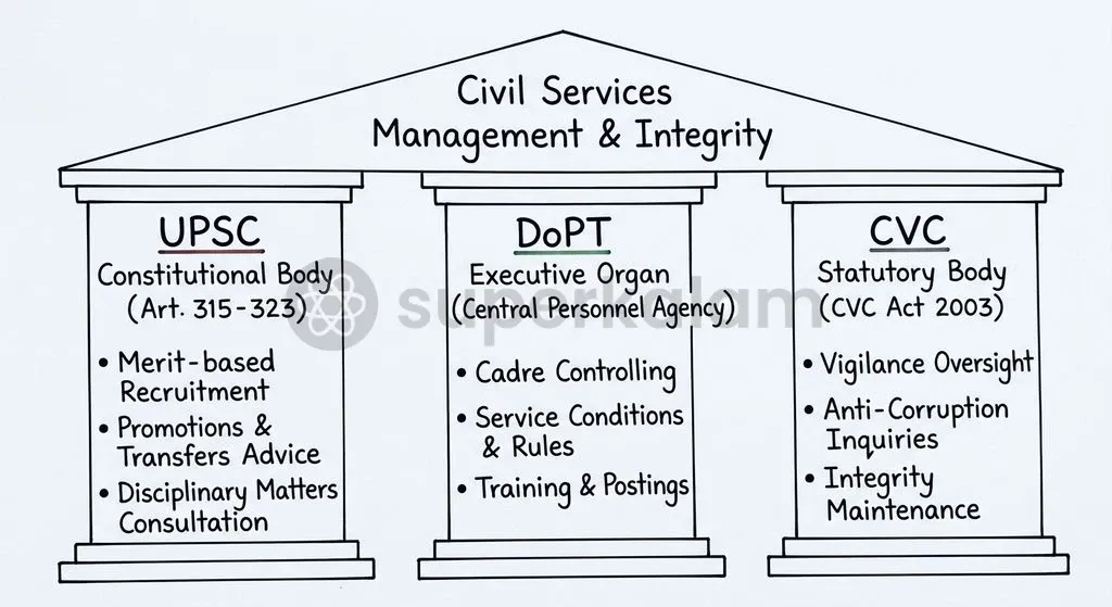 Constitutional and statutory separation of powers between merit selection, personnel management, and vigilance oversight.