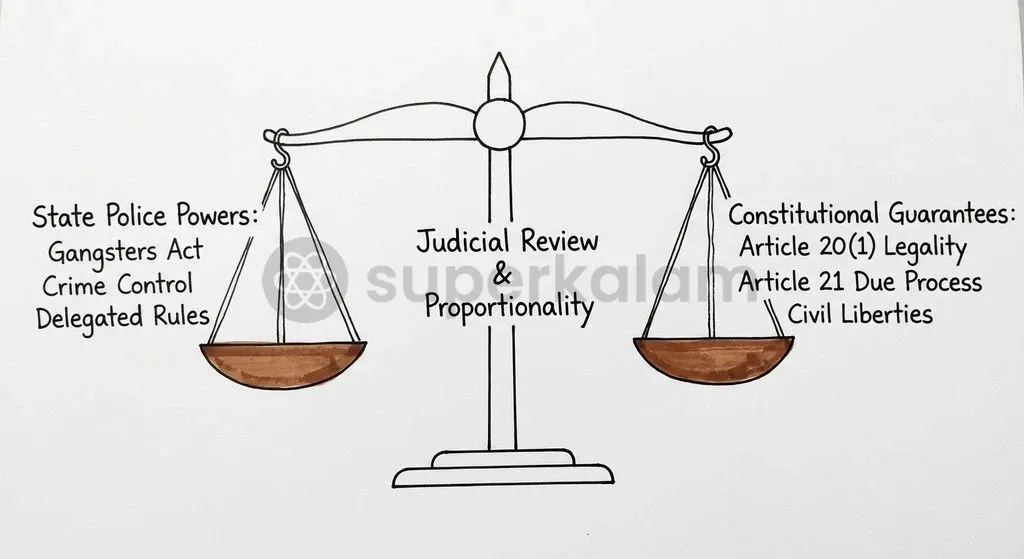 Judicial review balances state policing authority against fundamental rights enshrined under Articles 14, 20, and 21.