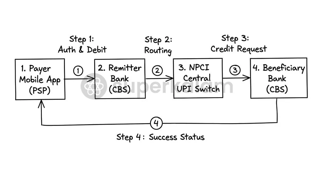 The four-party settlement model of UPI routes cryptographic instructions across remitter banks, NPCI switches, and beneficiary institutions.