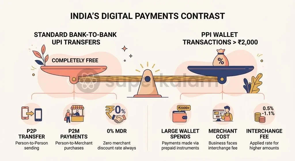 Under rules implemented in April 2023, merchant transactions above ₹2,000 via PPI wallets carry an interchange fee, while bank-to-bank UPI remains zero-rated.