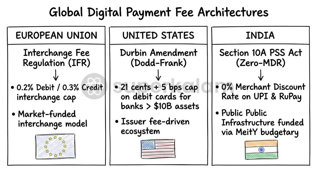 While international jurisdictions use statutory fee caps to sustain payment infrastructure, India relies on a zero-MDR mandate backed by state subsidies.