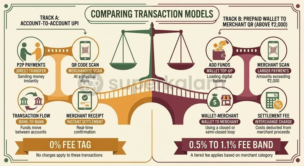 Prepaid payment instruments incur interchange charges on merchant payments above ₹2,000, whereas standard account transfers remain free.