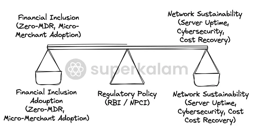 Balancing zero-fee micro-merchant inclusion against continuous cybersecurity and server investments is central to DPI governance.