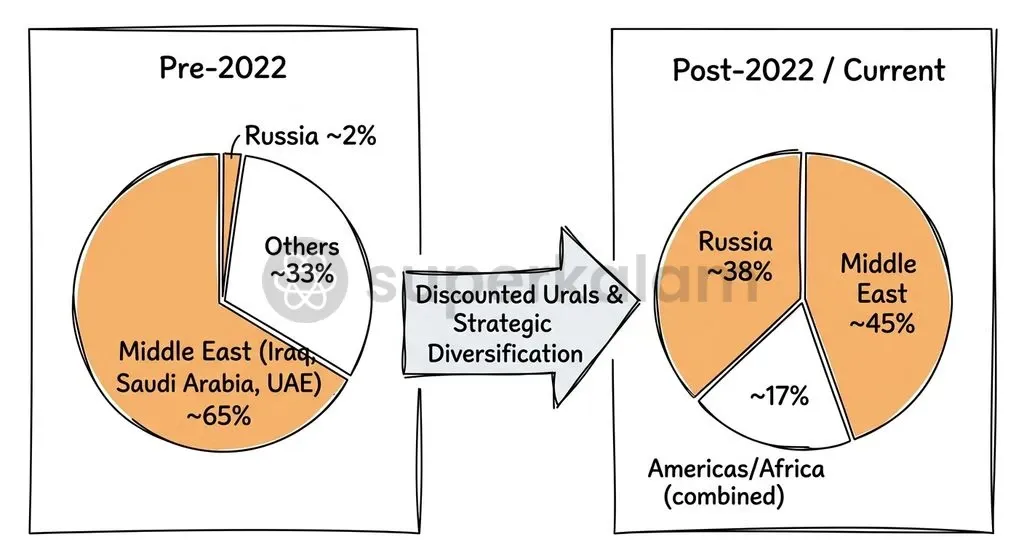 Structural reorientation of India's crude import sourcing, highlighting Russia's surge to roughly half of total imports.