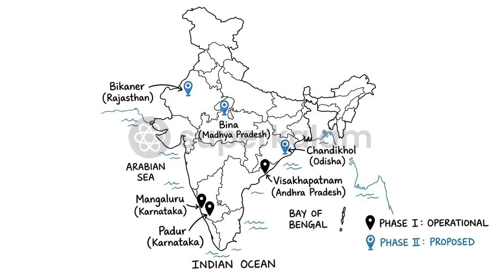 Geographic distribution of India's underground Strategic Petroleum Reserves across Phase I and Phase II locations.