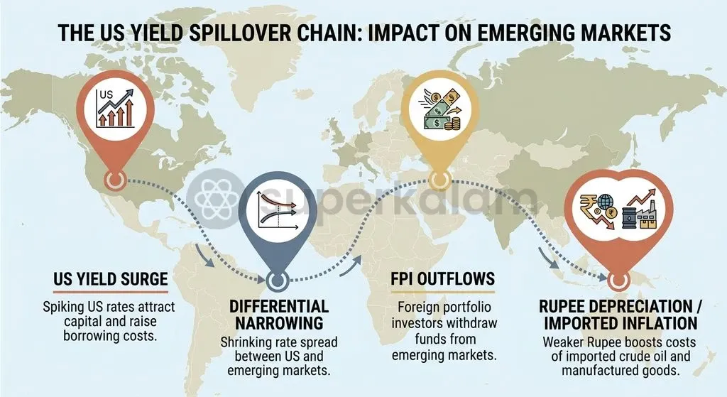 The multi-step transmission mechanism channels US rate hikes into domestic currency depreciation and imported inflation pressures.