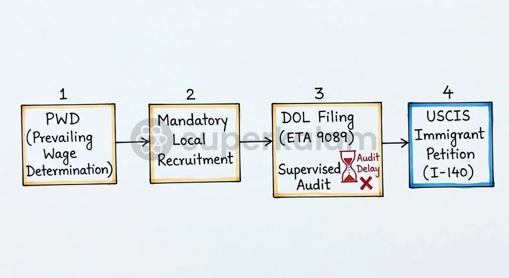 The multistage statutory progression required for permanent foreign labour certification under US immigration regulations.