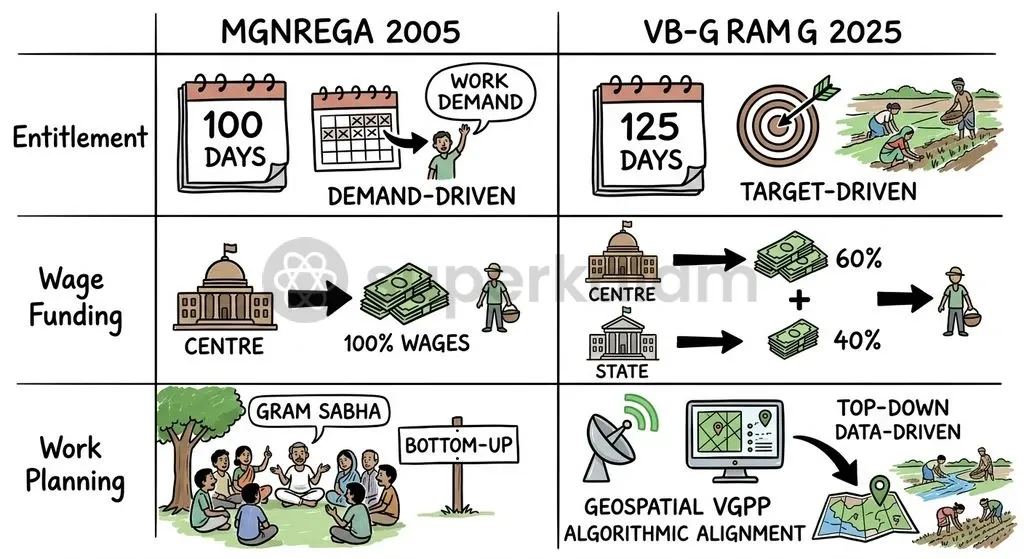 The shift from MGNREGS to VB-G RAM G alters funding ratios, legal day caps, and shelf-of-works determination.